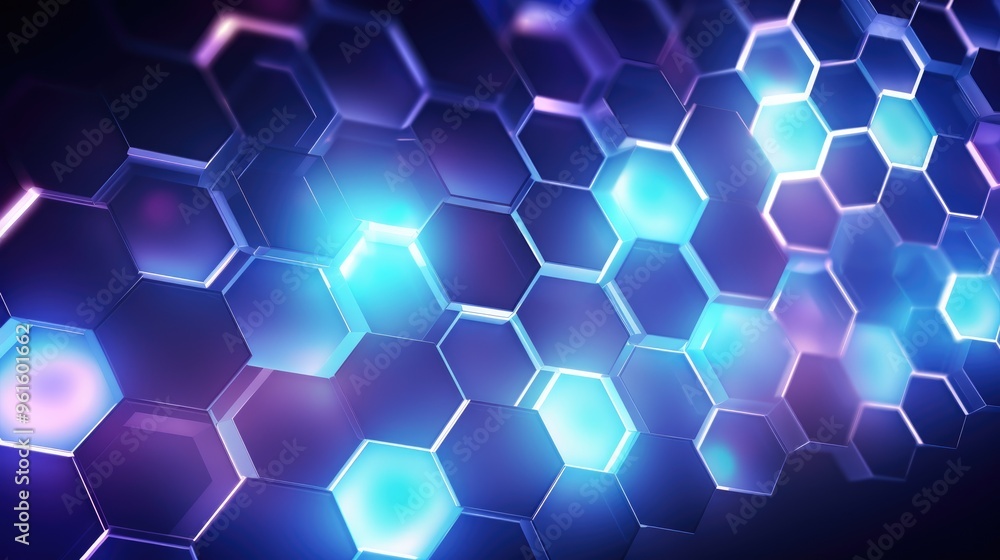 Poster a futuristic and abstract background featuring a hexagonal pattern with glowing blue and purple ligh