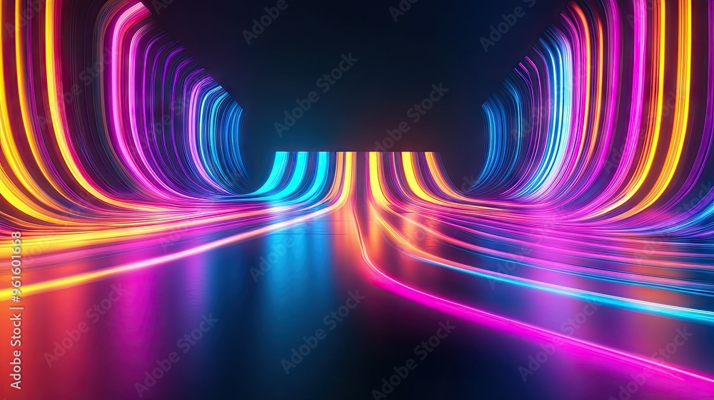 Poster vivid 3d neon wave in darkness, casting a colorful reflection on the floor, perfect for use in backg