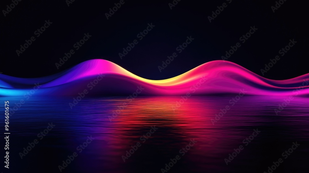 Poster vivid 3d neon wave in darkness, casting a colorful reflection on the floor, perfect for use in backg