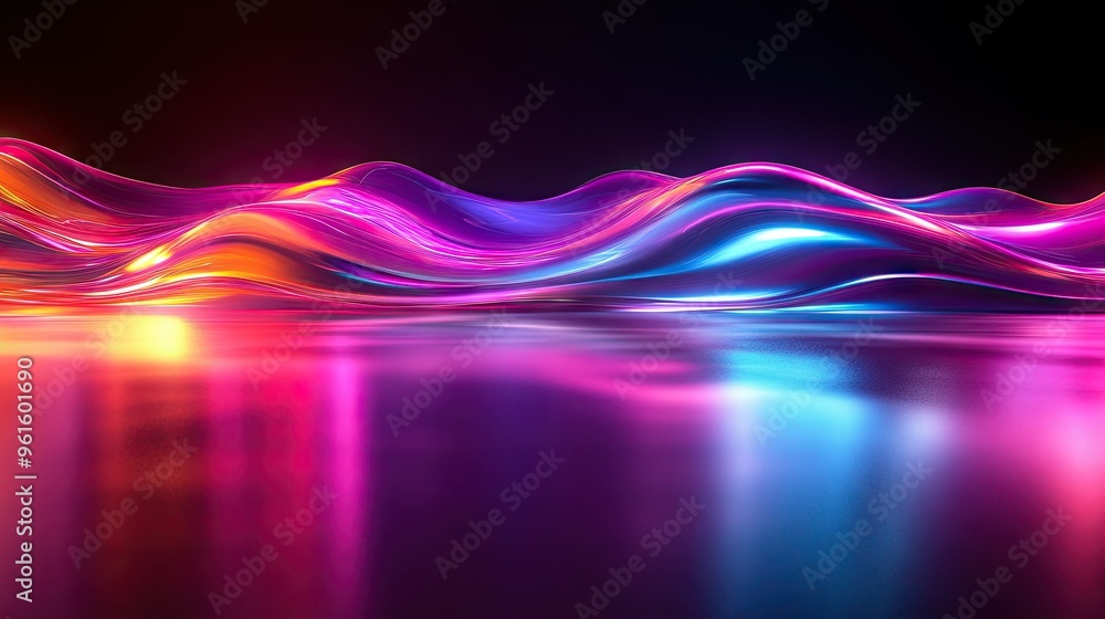 Poster vivid 3d neon wave in darkness, casting a colorful reflection on the floor, perfect for use in backg