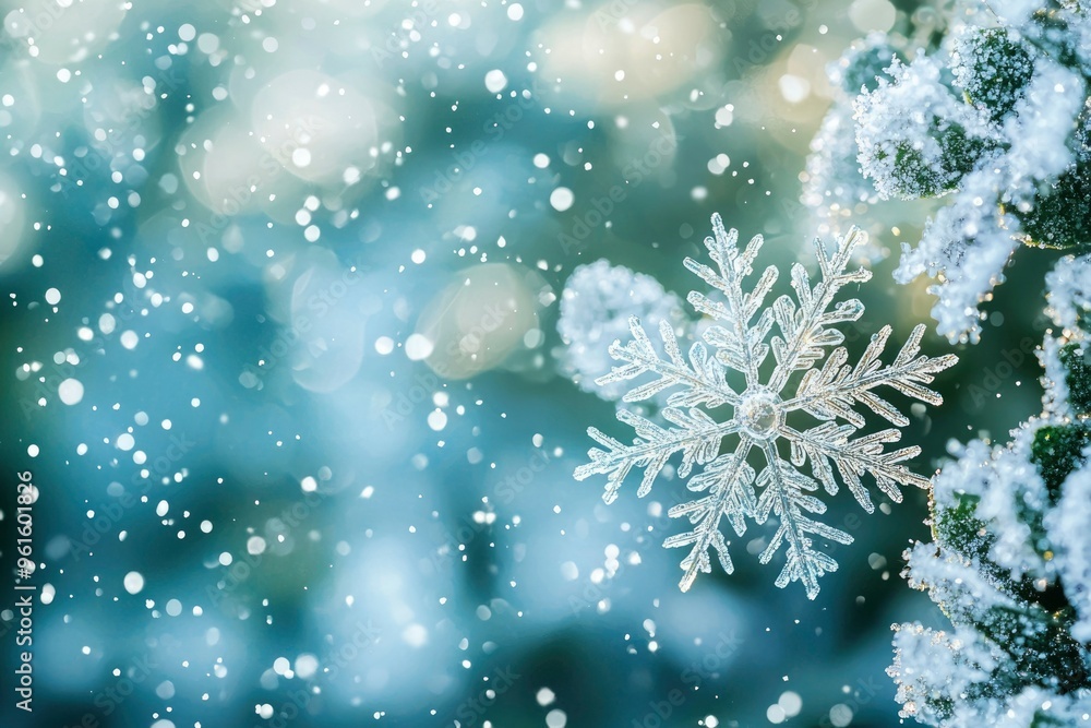 Poster close-up of a delicate snowflake with a frosty background