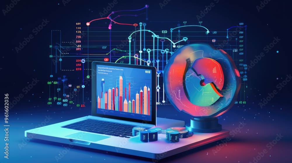 Poster a futuristic laptop with glowing lines and a colorful abstract shape, representing data and technolo