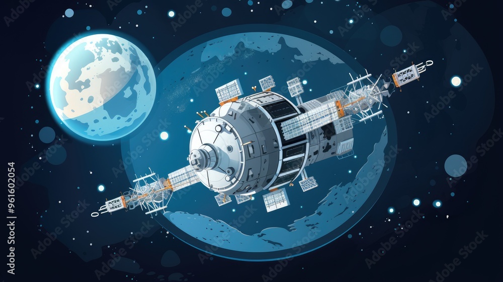 Poster a futuristic space station orbits a distant planet, its sleek design and intricate details captured 