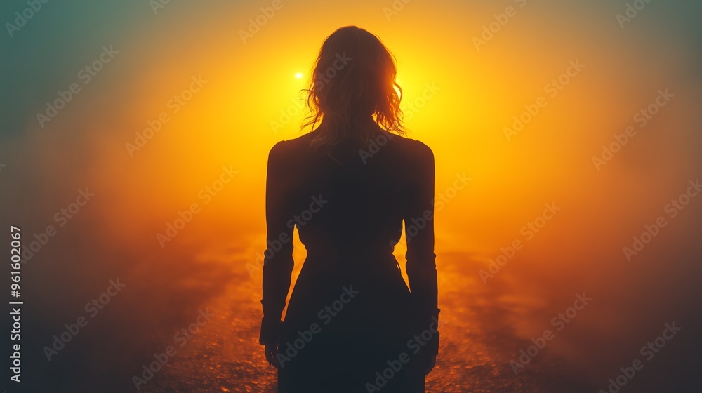 Poster A silhouette of a woman standing in fog against an orange sunset, creating a mysterious and tranquil atmosphere