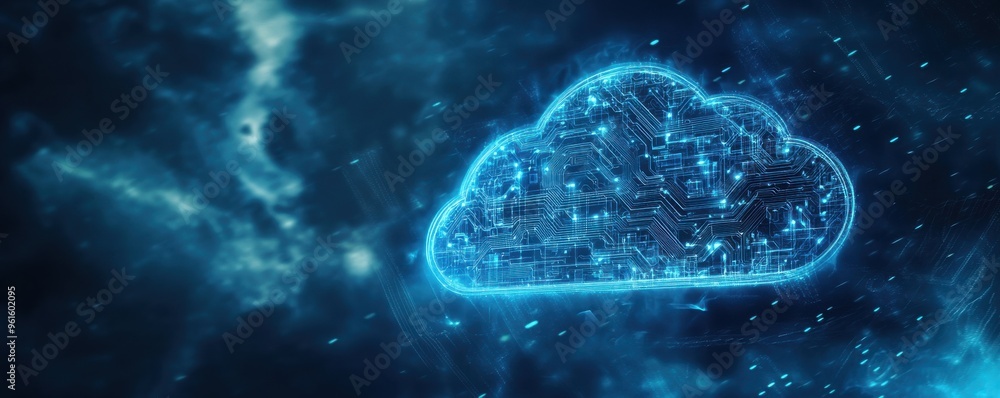 Poster digital cloud icon with glowing circuit pattern on a blue background representing modern technology 