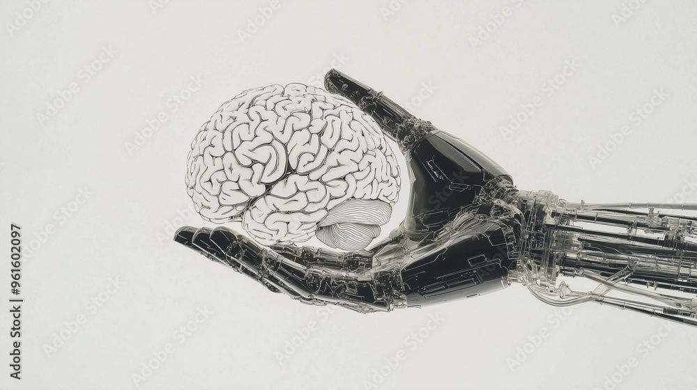 Poster robotic hand holding a glowing brain symbolizing artificial intelligence and futuristic technology.