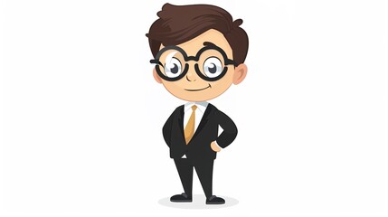 A cartoon business professional sitting at a desk, concentrating on important documents. Wearing a formal suit and tie, with a serious expression. Working on a big project and making plans. The cartoo