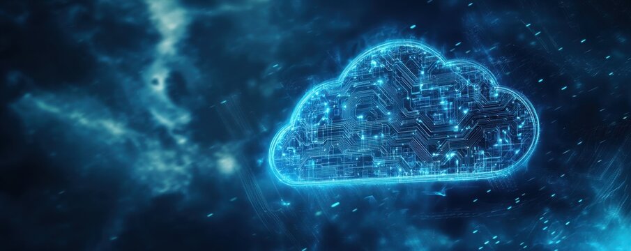 Digital cloud icon with glowing circuit pattern on a blue background representing modern technology and cloud computing
