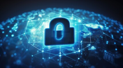 A glowing blue padlock sits in the center of a network of glowing lines, representing the importance of cybersecurity in today's digital world.
