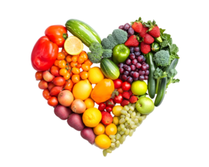 Healthy Heart: Heart Shape Made with a Variety of Fresh Fruits and Vegetables, Symbolizing Wellness and Nutrition, Isolated on a Transparent PNG Background   