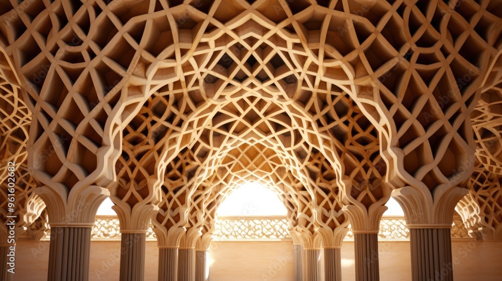 Poster a intricate, ornate ceiling with a complex pattern of arches and columns. the warm, golden light cre