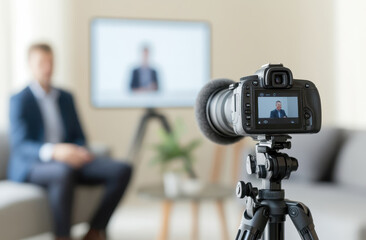 Professional video camera recording an interview with blurred background