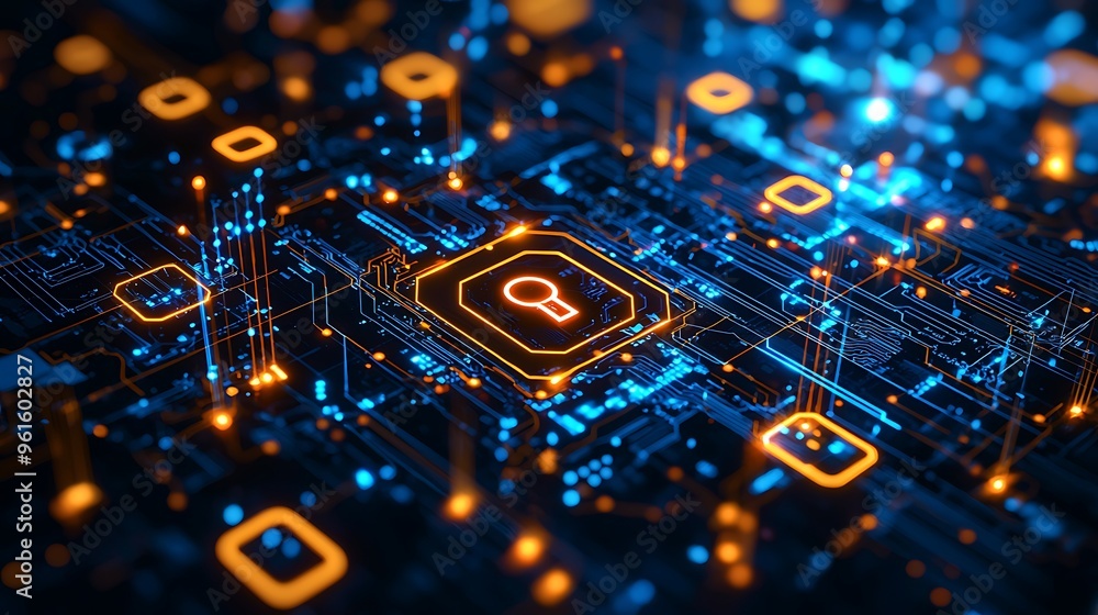 Poster an abstract technology circuit board with a search icon, merging innovation with digital exploration