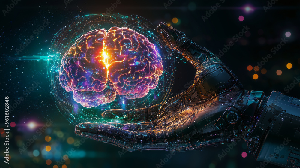 Aufkleber robotic hand holding a glowing brain symbolizing artificial intelligence and futuristic technology.