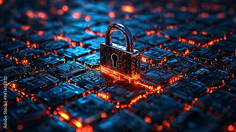 Poster a cyber security lock displayed on a circuit board with red lights, symbolizing protection and digit
