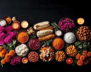 Elaborate ofrenda covered in traditional Day of the Dead foods, from tamales to pan de muerto, surrounded by candles and marigolds, Day of the Dead, Food display