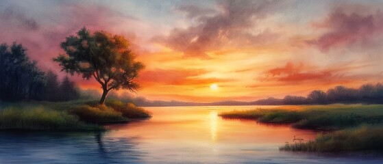  A sunset painting with a tree in the foreground and a body of water reflecting its radiance