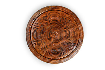 This wooden tray features a round design with a convenient foldable handle for easy carrying