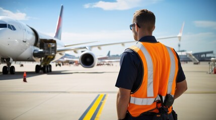 A man in a safety vest stands on the tarmac, watching a plane taxi away. The bright orange vest stands out against the blue sky and white plane.