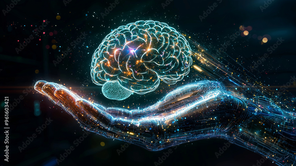 Poster Robotic hand holding a glowing brain symbolizing artificial intelligence and futuristic technology.