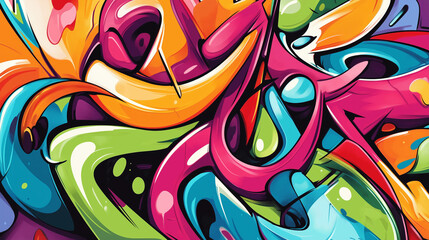 Obraz premium Sztuka uliczna przedstawiona w formie kolorowego graffiti na miejskiej ścianie, z bogatą paletą barw i kreatywnymi wzorami. Ta żywa ekspresja sztuki na ulicach miast nadaje urbanistycznym przestrzeni.