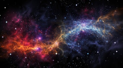 Fototapeta premium A mesmerizing cosmic dance unfolds in this stunning image of a nebula, where swirling clouds of gas and dust illuminate the vast expanse of space with