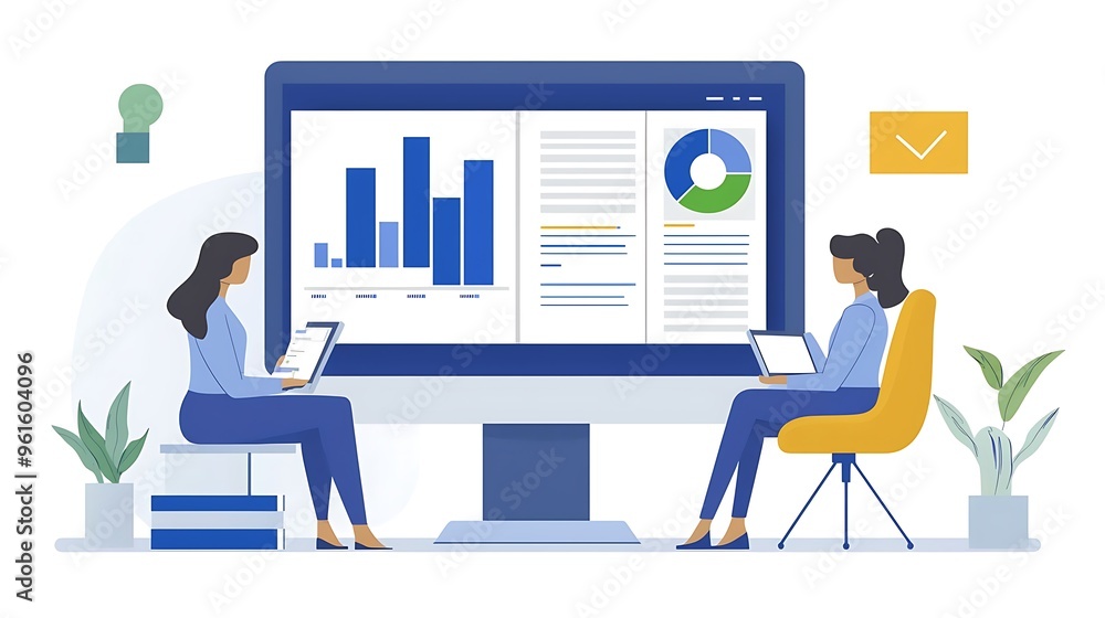 Poster businesswomen analyze data on a computer screen filled with charts and graphs, working towards infor