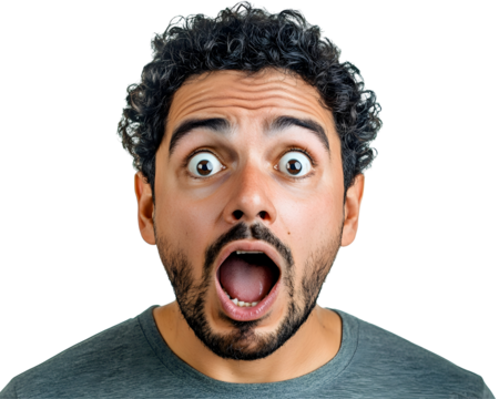 Man with a Surprised or Frightened Expression, Eyes Wide and Mouth Open in Shock, Isolated on a Transparent PNG Background   
