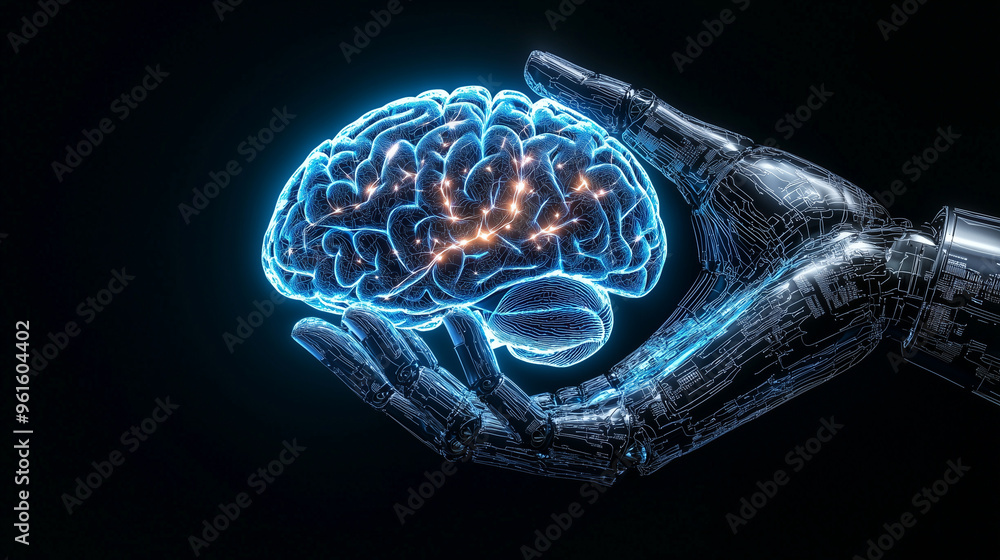 Poster Robotic hand holding a glowing brain symbolizing artificial intelligence and futuristic technology.