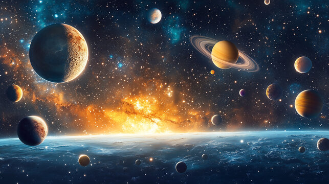 Zachwycająca panorama Układu Słonecznego z odległej perspektywy, z planetami świecącymi na tle rozgwieżdżonego nieba. 