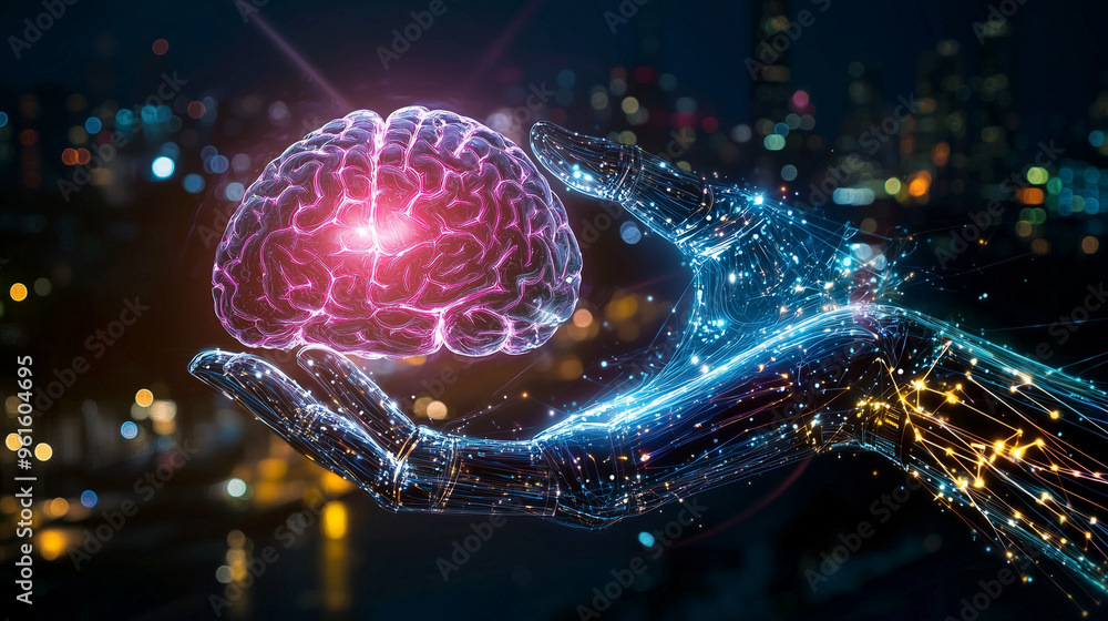 Poster robotic hand holding a glowing brain symbolizing artificial intelligence and futuristic technology.
