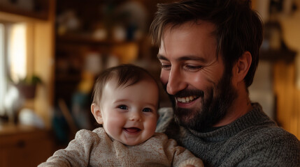 Portret ojca, kt&oacute;ry z czułością trzyma uśmiechnięte dziecko w domowym otoczeniu.