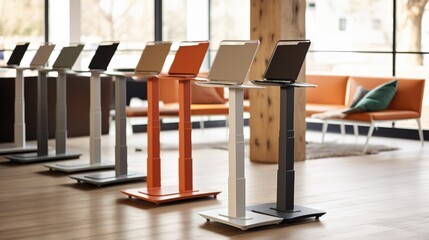 A row of modern laptop stands in different colors, showcasing a sleek and stylish design.