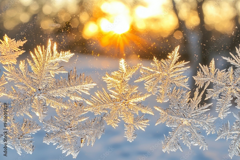 Poster frost patterns on a window pane with sunlit background