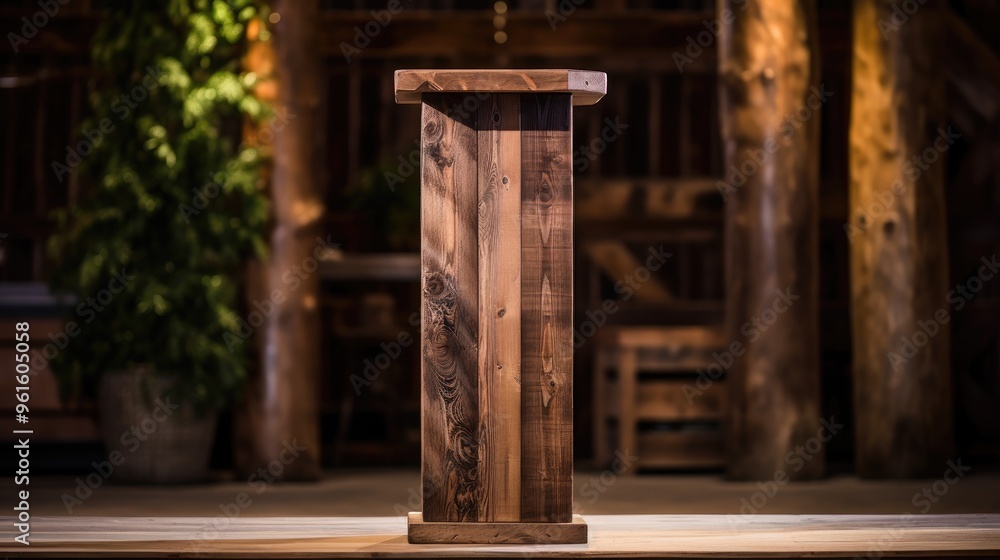 Poster a rustic wooden pedestal stands in a dimly lit room, creating a warm and inviting atmosphere. the we