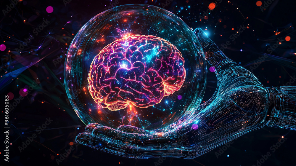 Aufkleber Robotic hand holding a glowing brain symbolizing artificial intelligence and futuristic technology.