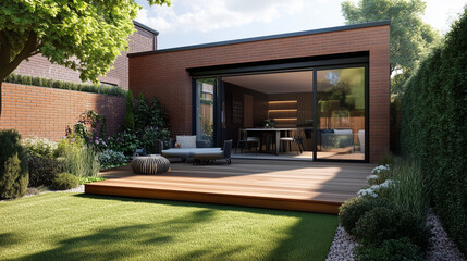 Naklejka premium Przestronna strefa patio w ogrodzie z dobrze utrzymanym drewnianym tarasem. Deski drewniane na podłodze oferują eleganckie wykończenie, a całość otaczają rośliny i elementy zieleni.