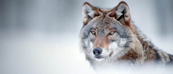  A tight shot of a wolf's expression, snow covering the ground in the foreground, trees looming in the background
