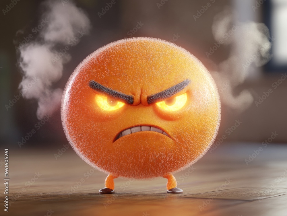 Poster angry 3d avatar. round-faced character with furrowed brows and steaming ears