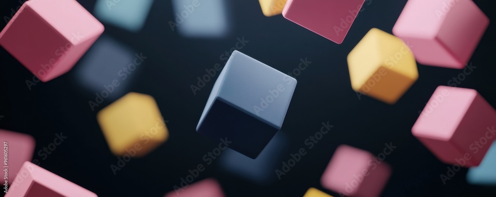 Poster abstract composition featuring a close-up view of colorful blocks floating against a dark background
