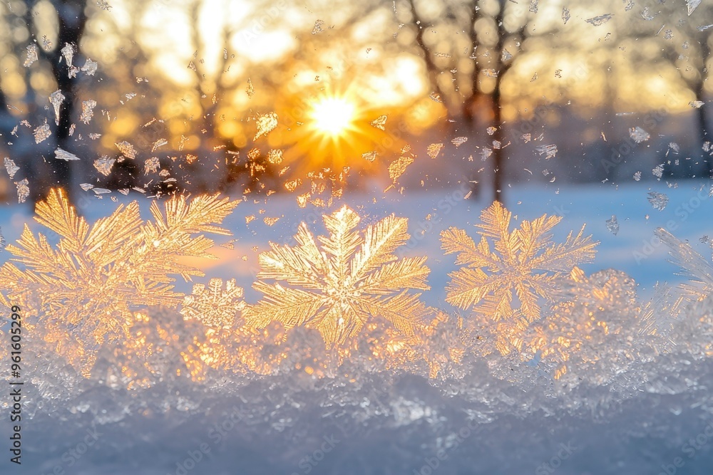 Poster frost patterns on a window with a blurred sunset in the background