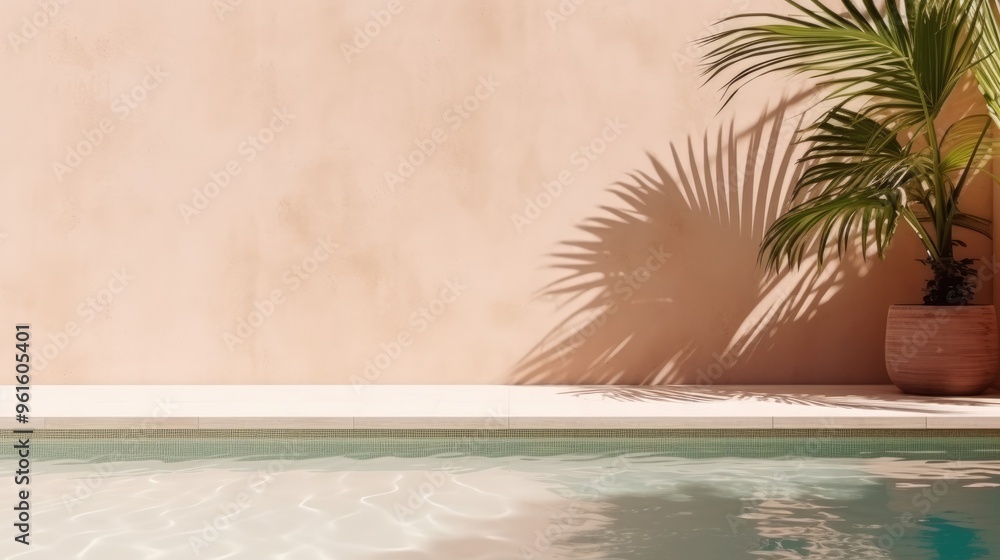 Aufkleber a serene poolside scene with a palm tree casting its shadow on a peach-colored wall. the clear blue 