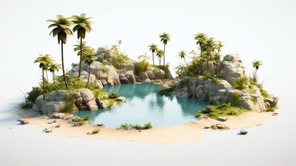 A serene tropical oasis with lush palm trees and a sparkling blue lagoon, nestled amidst rocky cliffs.