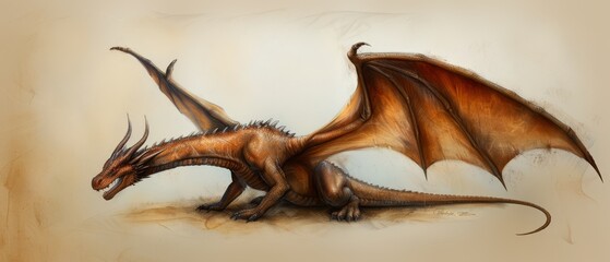  A dragonside view of a dragon seated on the ground, wings sprawled wide