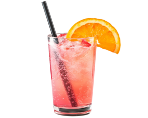 Pink Drink: A Refreshing Glass of Pink Drink Garnished with a Slice of Orange, Served in a Short Glass with a Black Straw, Isolated on a Transparent PNG Background   