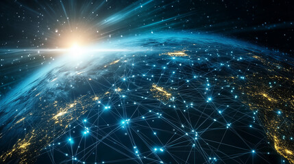 Symbole połączeń sieciowych krzyżujących się na tle globu, tworzących skomplikowaną, globalną pajęczynę internetu.
