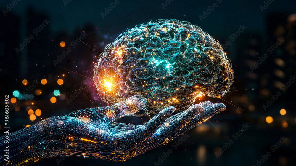 Poster Robotic hand holding a glowing brain symbolizing artificial intelligence and futuristic technology.