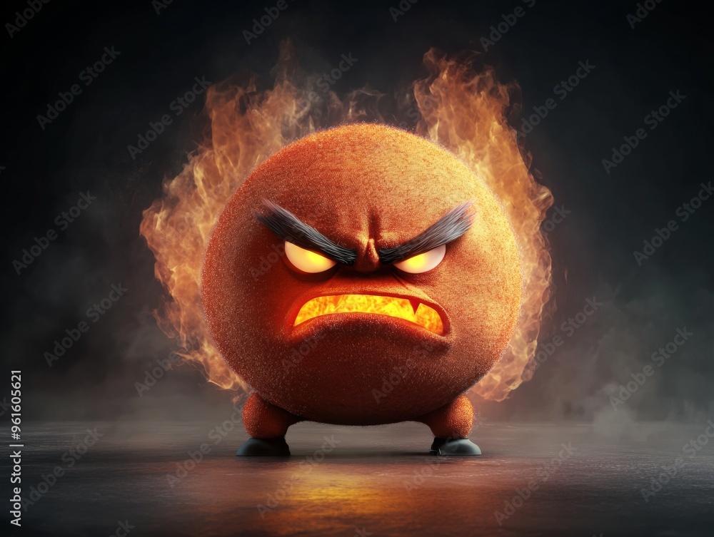 Poster angry 3d avatar. round-faced character with furrowed brows and steaming ears