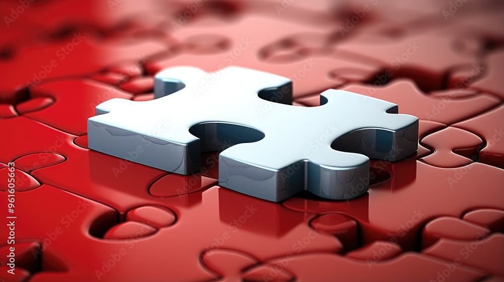 Poster a single silver puzzle piece sits atop a field of red puzzle pieces, creating a striking contrast in