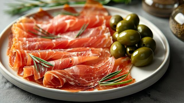 Plate of prosciutto and green olives with rosemary sprigs, gourmet appetizer. Italian cuisine and dining concept
